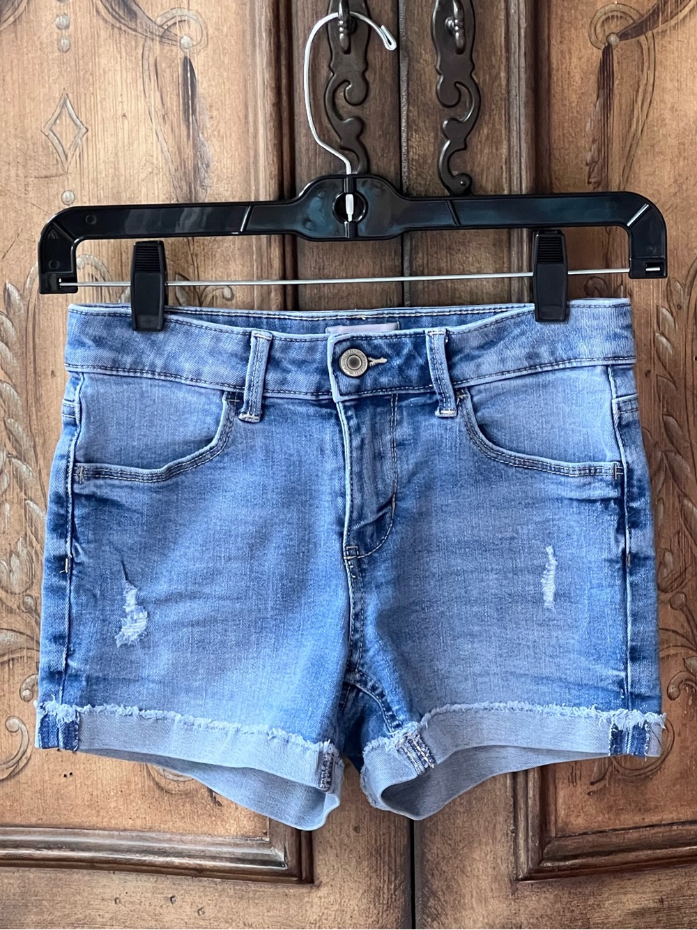 SO Girls Light Blue Distressed Denim Shorts Rolled Hem Stretch Sz 12 fits 10/12
